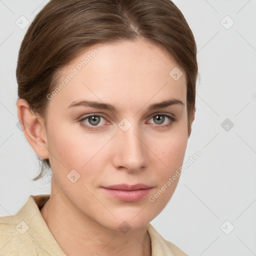 Neutral white young-adult female with short  brown hair and grey eyes