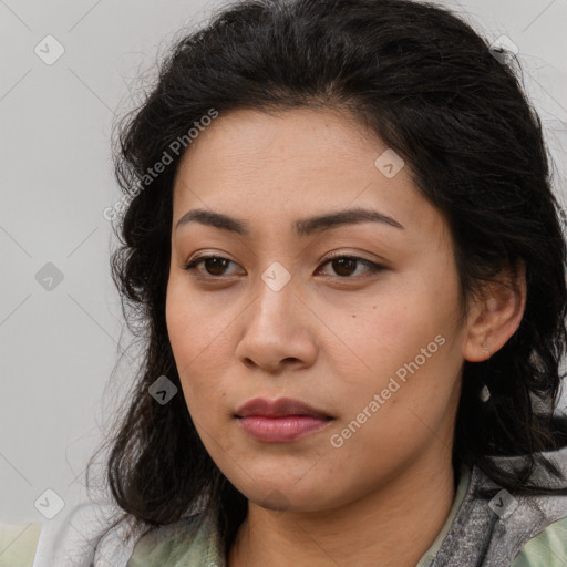 Neutral asian young-adult female with medium  brown hair and brown eyes