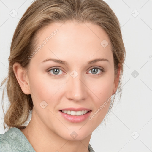 Joyful white young-adult female with medium  brown hair and blue eyes