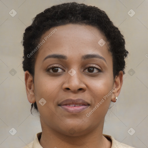 Joyful latino young-adult female with short  brown hair and brown eyes