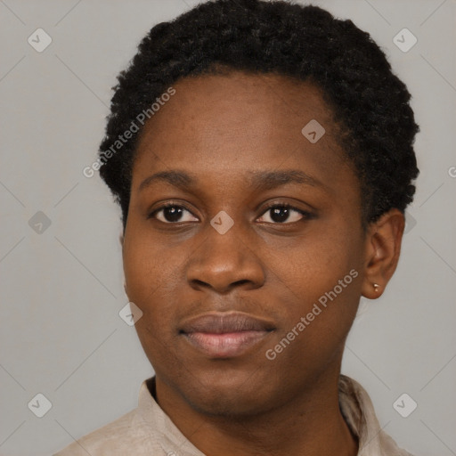 Neutral black young-adult female with short  black hair and brown eyes