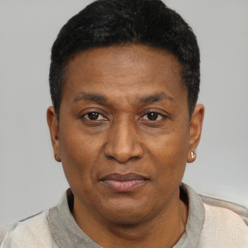 Joyful black adult male with short  black hair and brown eyes