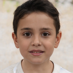 Joyful white child female with short  brown hair and brown eyes