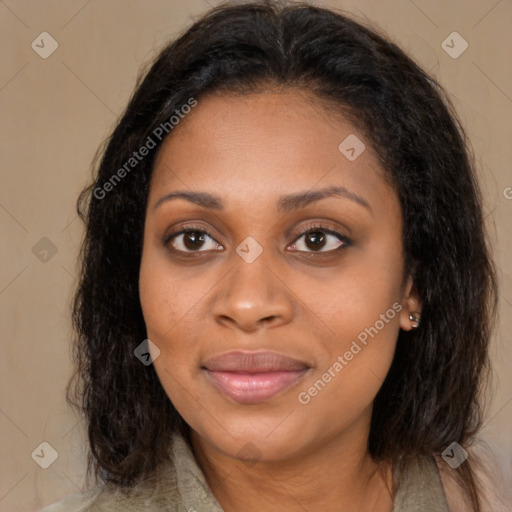 Joyful latino young-adult female with long  brown hair and brown eyes