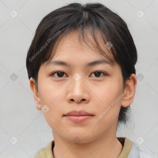 Neutral asian young-adult female with medium  brown hair and brown eyes