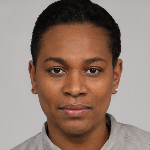 Joyful black young-adult female with short  black hair and brown eyes