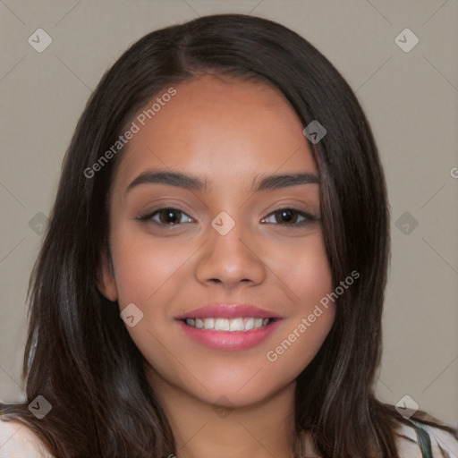 Joyful white young-adult female with long  black hair and brown eyes