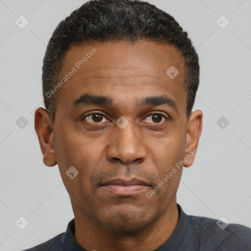 Neutral latino adult male with short  black hair and brown eyes