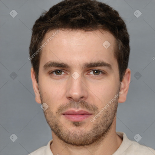 Neutral white young-adult male with short  brown hair and brown eyes