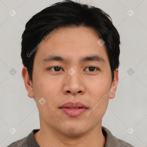 Neutral asian young-adult male with short  black hair and brown eyes