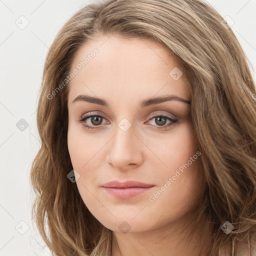 Joyful white young-adult female with long  brown hair and green eyes