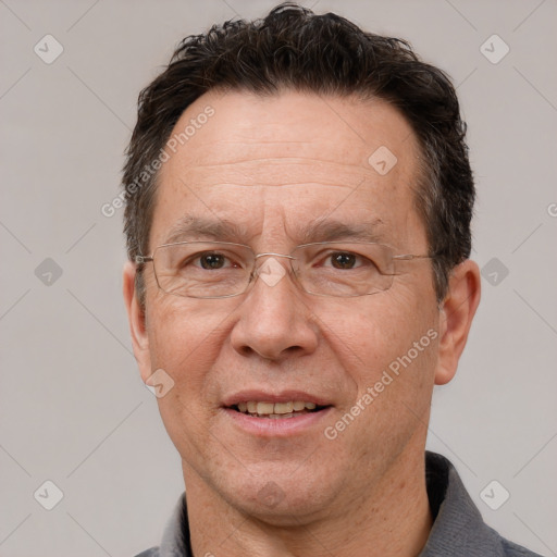 Joyful white middle-aged male with short  brown hair and brown eyes