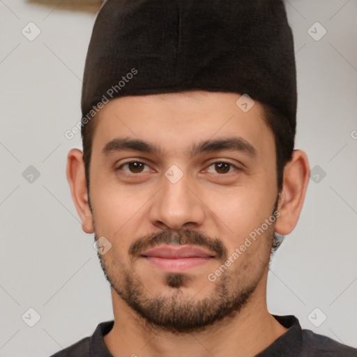 Joyful white young-adult male with short  black hair and brown eyes