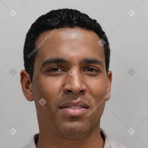 Neutral latino young-adult male with short  black hair and brown eyes
