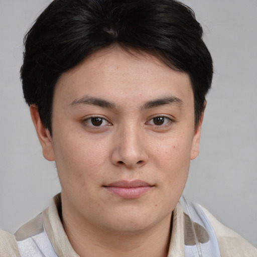 Joyful asian young-adult female with short  brown hair and brown eyes