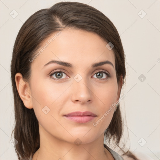 Neutral white young-adult female with medium  brown hair and brown eyes