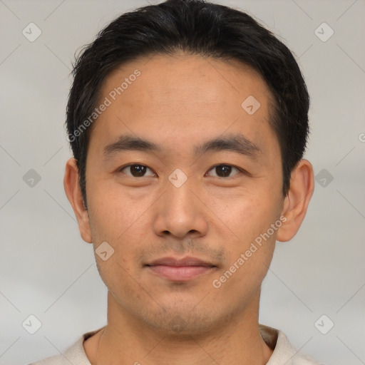 Neutral asian young-adult male with short  brown hair and brown eyes