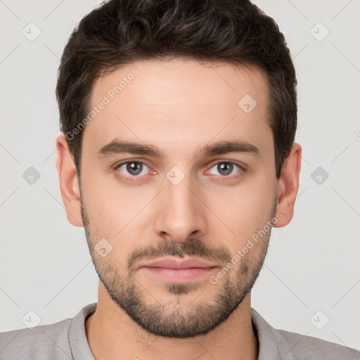 Neutral white young-adult male with short  brown hair and brown eyes