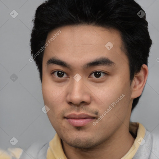 Neutral asian young-adult male with short  brown hair and brown eyes