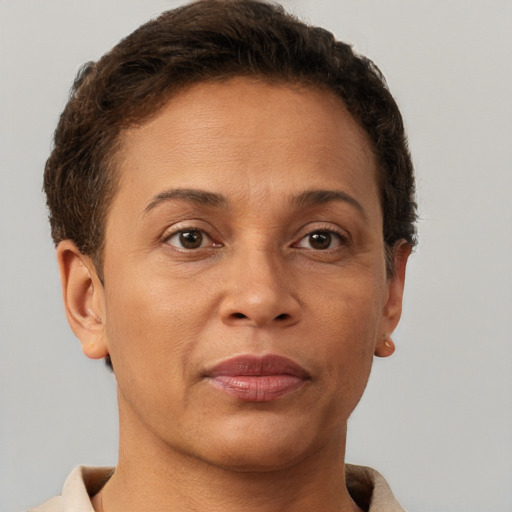 Neutral white adult female with short  brown hair and brown eyes