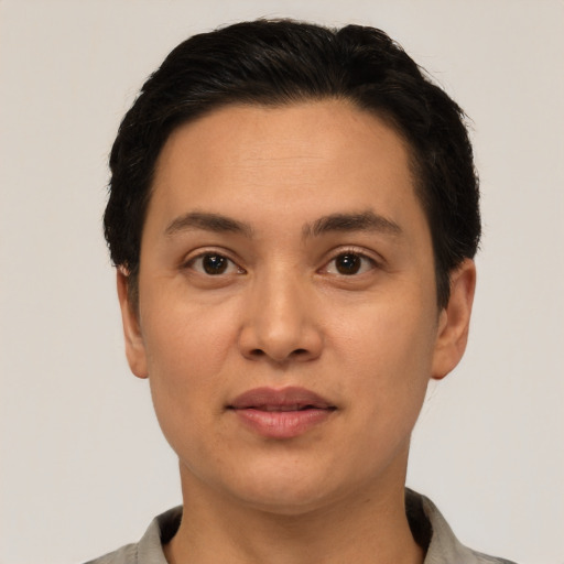 Neutral asian young-adult male with short  black hair and brown eyes