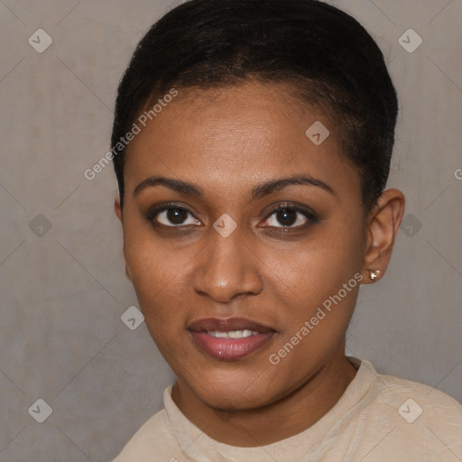 Joyful black young-adult female with short  brown hair and brown eyes