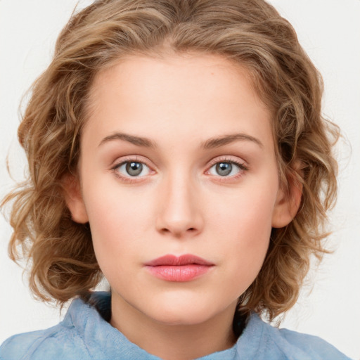 Neutral white young-adult female with medium  brown hair and blue eyes