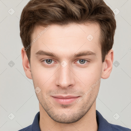 Neutral white young-adult male with short  brown hair and grey eyes