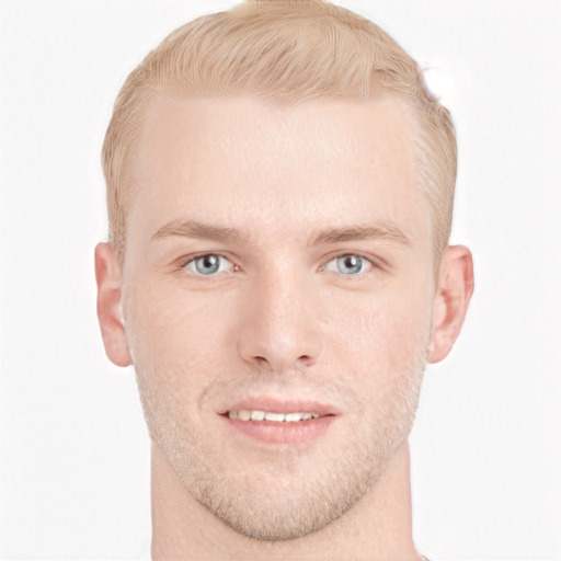 Neutral white young-adult male with short  brown hair and blue eyes
