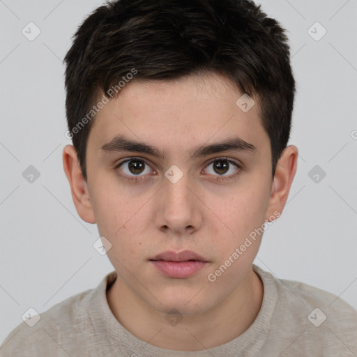 Neutral white young-adult male with short  brown hair and brown eyes