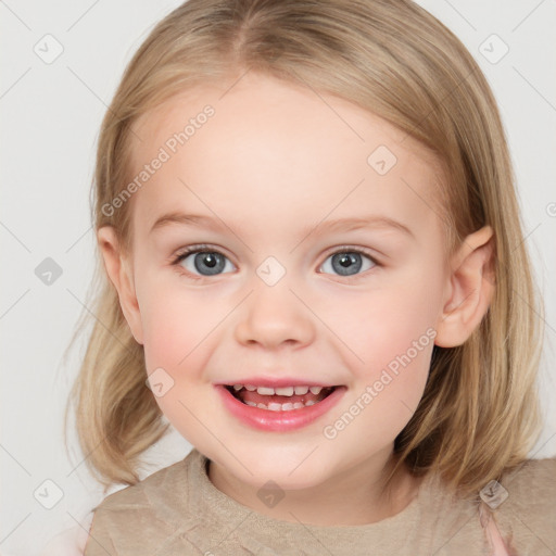 Joyful white child female with medium  brown hair and blue eyes