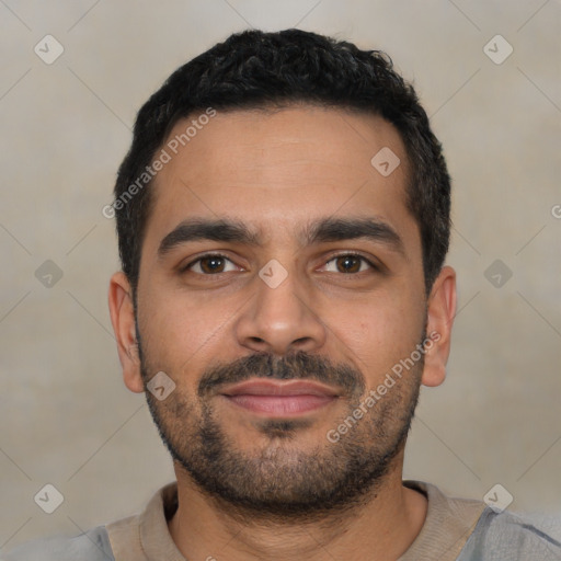 Neutral latino young-adult male with short  black hair and brown eyes