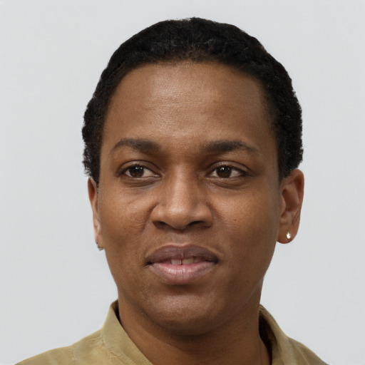 Joyful black young-adult female with short  black hair and brown eyes