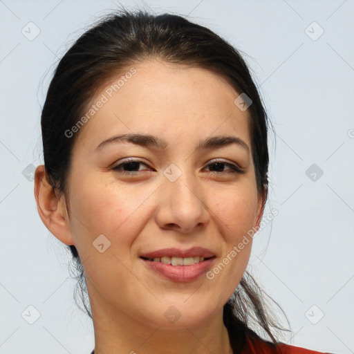 Joyful white young-adult female with medium  brown hair and brown eyes