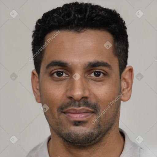 Neutral black young-adult male with short  black hair and brown eyes