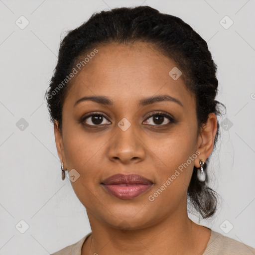 Joyful latino young-adult female with short  black hair and brown eyes