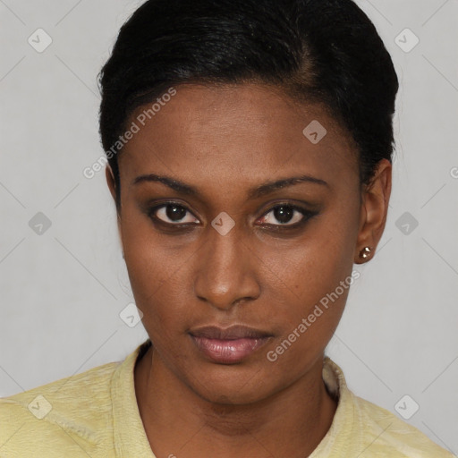 Neutral black young-adult female with short  brown hair and brown eyes