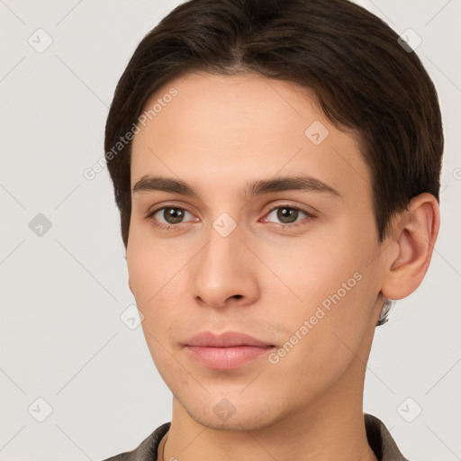 Neutral white young-adult male with short  brown hair and brown eyes