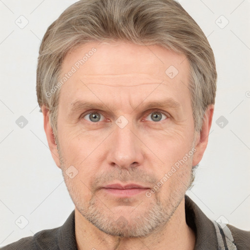 Neutral white adult male with short  brown hair and grey eyes