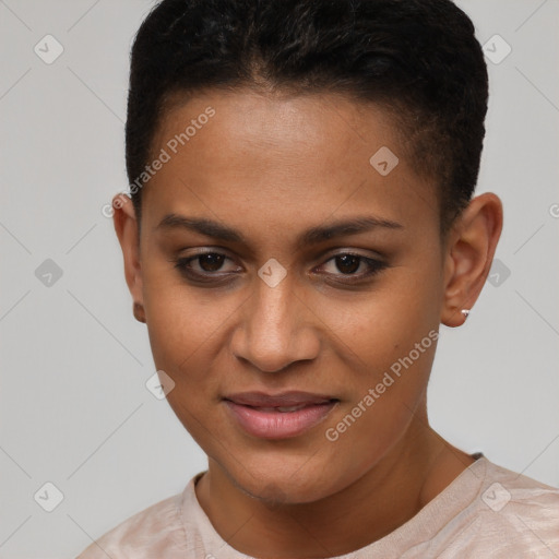 Joyful latino young-adult female with short  brown hair and brown eyes