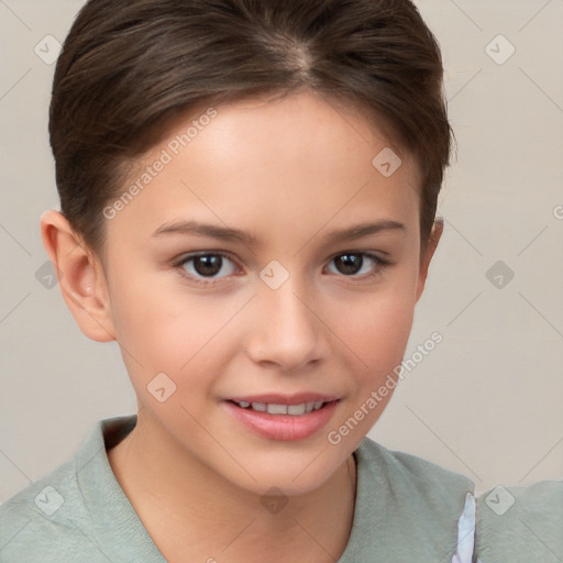 Joyful white child female with short  brown hair and brown eyes