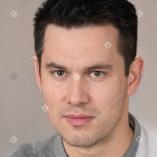 Neutral white adult male with short  brown hair and brown eyes