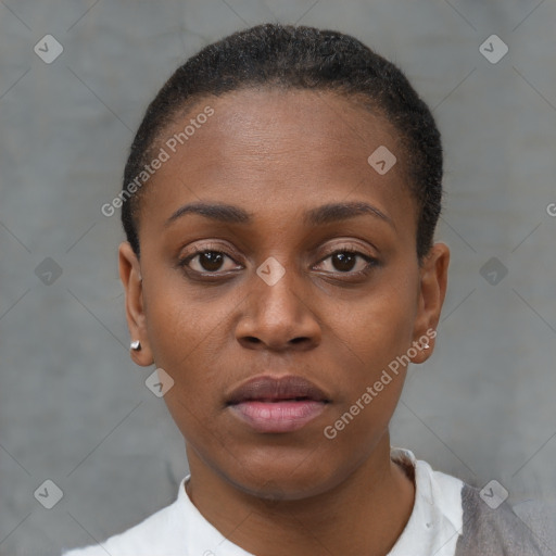 Neutral black young-adult female with short  brown hair and brown eyes