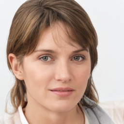 Neutral white young-adult female with medium  brown hair and grey eyes