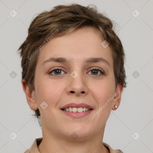 Joyful white young-adult female with short  brown hair and grey eyes