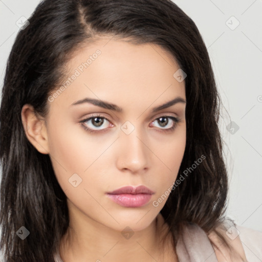 Neutral white young-adult female with medium  brown hair and brown eyes