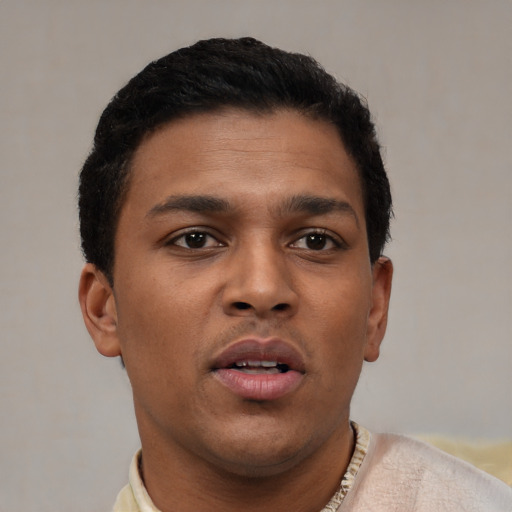 Neutral latino young-adult male with short  brown hair and brown eyes