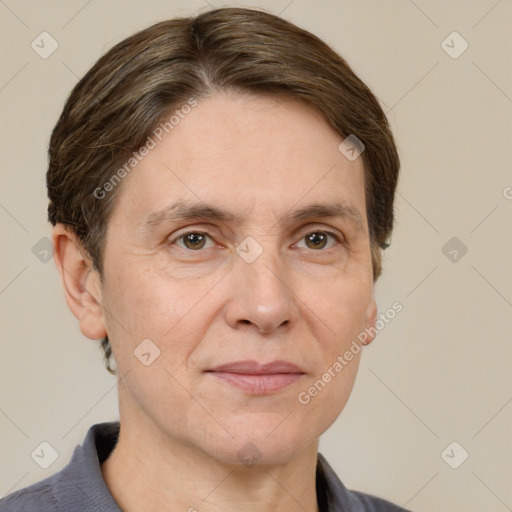 Joyful white adult male with short  brown hair and grey eyes