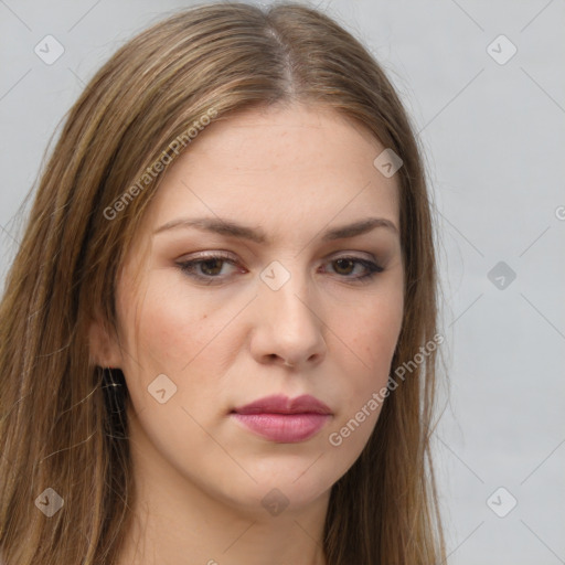 Neutral white young-adult female with long  brown hair and brown eyes