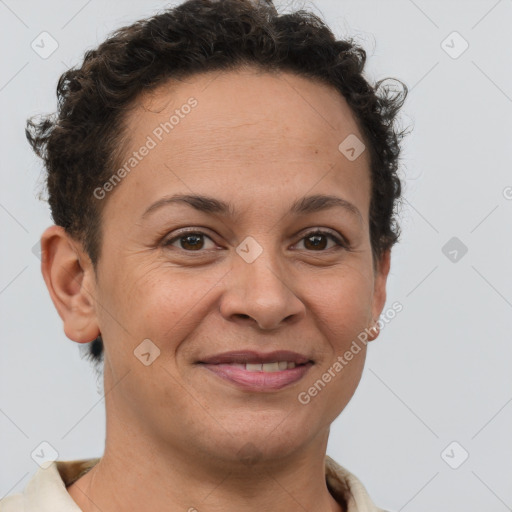 Joyful white adult female with short  brown hair and brown eyes